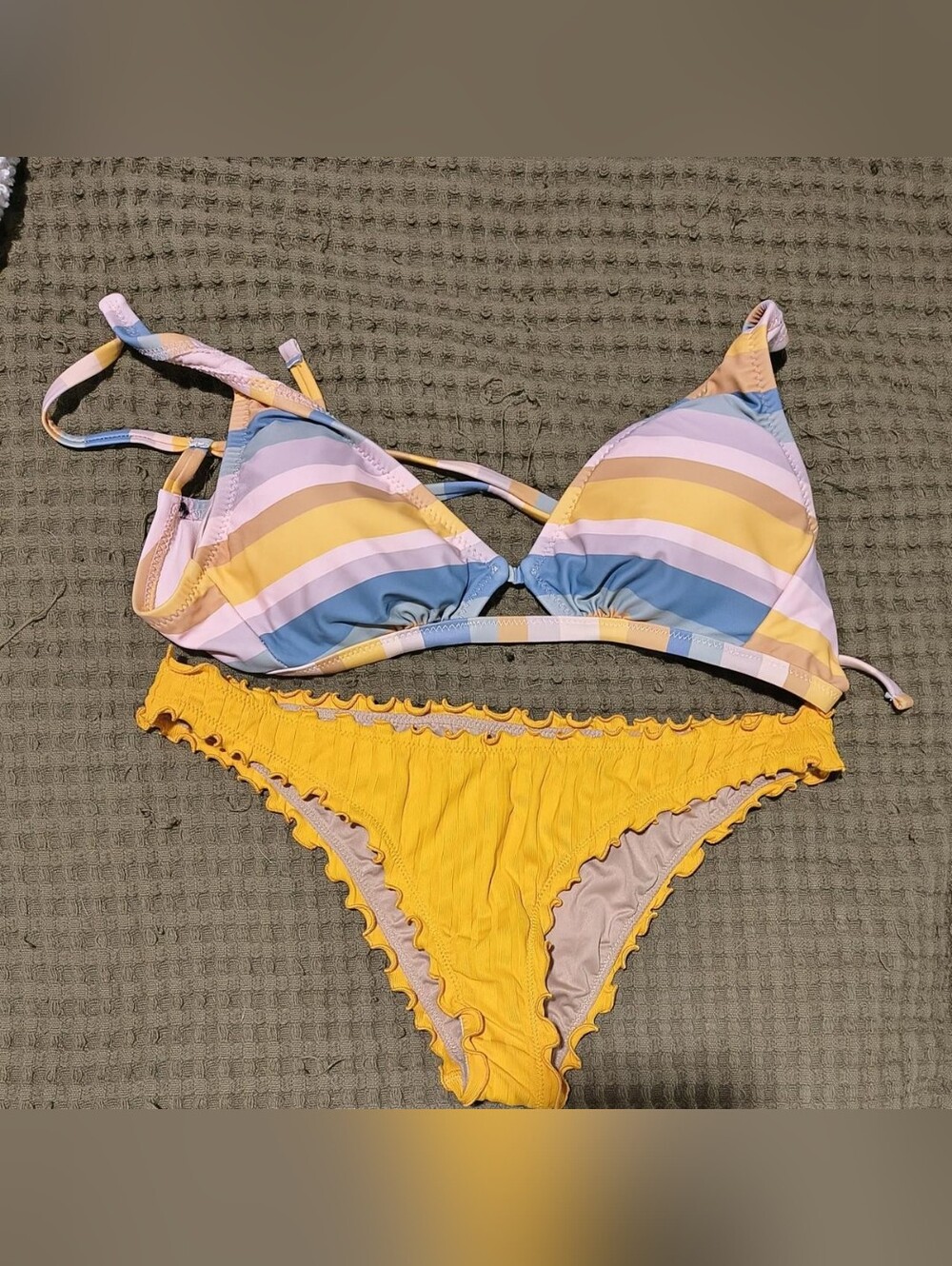 Shade & Shore Striped Triangle Bikini Top with Yellow Ruffle Bottom